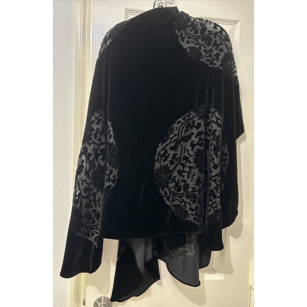 Vintage Black Burnout Velvet Wrap Shawl Silk Blend Devore Floral Duster Evening - Picture 7 of 7